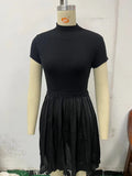 Fongt Parquet Small Turtleneck Dress Short Sleeve Pleated Knit Elegant Pure Color Slim Mini Dress Woman-Outfit