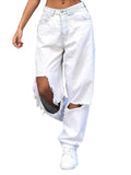 Loose Broken Hole Fashion Jeans Pants Women-Outfit