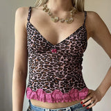 Fongt Hot Girl Wind Lace Splicing Leopard Grain Three-Dimensional Flower Ter V Collar Wood Ear Slim Vest-Outfit