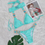 Fongt Sexy Luxury Crystal Diamond Bikini Solid Color Female Strap Swimwear Metal Accessories