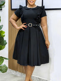 Fongt Women's Short-Sleeved Doll Collar Solid Color Short-Sleeved Lotus Leaf Side High-Waisted Dress
