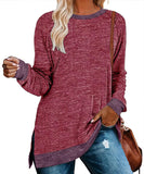 / Winter 2023 New Round Collar Color Open Fork Top Loose Head T-Shirt And Long Sleeves-Outfit