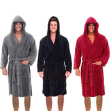 Men's Plush Nightwear Hooded Pajamas Robe Lengthened Shawl Flannel Bathrobe Home Clothes Long Sleeved Robe Soft Warm Kimono Robe-Outfit