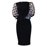 Fongt Summer New Mesh Velvet Bubble Sleeve V Neck Fashion Elegant Bag Of Hip Dress