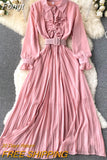 Women Chiffon Dress Elegant Long Sleeve Lapel Ruffles Party Dresses Ladies High Waist Pleated Solid Long
