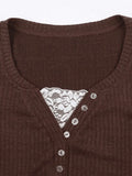 Lace Paneled Button Long Sleeve Knit Top-Outfit