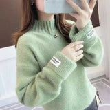 Women Half Turtleneck Sweater Autumn Loose Wool Pullover Knitted Jumper Long Sleeve Letter Top Casual Warm Ladies