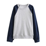 Fongt 2023 New Denim Splicing Hoodie Elastic Waist Patchwork Color Pants Suit 0085844-Outfit