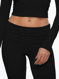 Long Sleeve Cropped Top Fold-over Flare Pants Set-Outfit