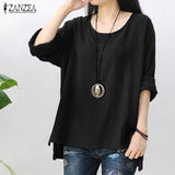 ZANZEA Retro Womens O Neck Long Sleeve Split Baggy Cotton Solid Casual Loose Solid Tops Shirt Party Blouse