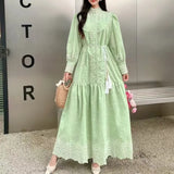 Fongt Retro Elegant Dress Women's New French Heavy Industry Embroidered Collar Lantern Sleeves Large Swing Dress