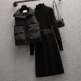 Autumn Winter Warm Knitted Turtleneck Sweater Dresses And Thick Vest Suits For Women Elegant Two Pieces