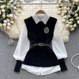 Fongt Style High-Level Light Luxury Lady Suit Women Autumn And Winter Solid Color Loose Long-Sleeved Shirt + Sleeveless Knitting Vest