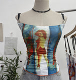 Sexy Hottie Shoulder Strap Small Print Slimming Sling Vest Short Sleeveless Top
