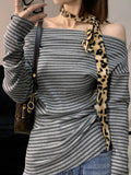 Fongt Striped Side-Slanted Shoulder-Slanted Shoulder-Clothed Woman With Thin Waists And Gentle Gentle And Comfortable T-Shirts For Spring And Autumn New Long Sleeves