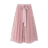Fongt Spring Dress New Bow Tie With High-Waisted Lace Embroidery Splicing Mesh Dress Skirt 8825