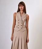 Buttoned Vest And Pleated Midi Skirt Two Piece Set-Outfit