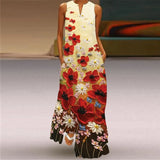 Printed Sleeveless Maxi Dress Women Casual V-neck Robe Dresses Female Plus Size Beach Holiday