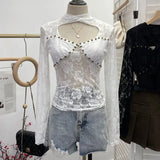 Explosion Real Shot Design Lace Ribbon Hollow Long Sleeve Top Sexy Slimming Bottom T-Shirt