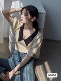 Fongt Retro Bubble Sleeve Knitted T-Shirt Women Design Small Short Top Summer New Ice T-Shirt