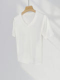 Fongt Grade Simple Classic High Gram Heavy Threaded Shoulder T-Shirt White V-Neck Short Sleeved Jacket Temperament Inside Match-Outfit
