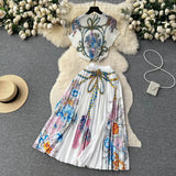Blooming Printed Skirt Suit Women's New Thread Temperament Half-high Collar Top + Pleated Skirt Two-piece Set-Outfit