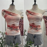 Net Yarn Printed Slanted Shoulder Sling Vest Retro Design Folding Temperament Short Blouse