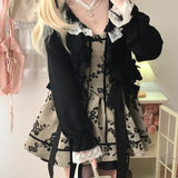 Cute Lolita Style Short Cardigan Women Gothic Y2k Bow Ruffles Lace-ups Knitted Coat Korean Fashion Casual Loose Crop Tops-Outfit