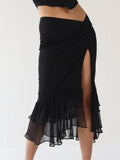 Women Y2K Ruffles 2 Pieces Skirts Sets Off Shoulder Sheer Mesh Shirts Tops Irregular Hem Split Skirts Streetwear 2023-Outfit