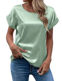 Women's Short-Sleeved Satin Shirt Loose Casual Round-Collar Satin T-Shirt Women's Spring / Summer 2024 New Style-Outfit