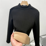 Half Turtleneck Tops Women Winter Plush Velvet Lined Warm T Shirt Long Sleeve Bottom Blusas Korean Slim Fleece