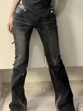 Street Low-waisted Flare Pants Black Gray Gradient Denim Trousers Y2k Vintage Washed Straight Wide Leg-Outfit