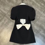 Puff Sleeve Large Collar Back Bow Blazer Mini Dress-Outfit