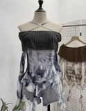 Real Shot Shoulder Cross Hanging Neck Knitting Mesh Yarn Coat Irregular Ribbon Horn Long-Sleeved T-Shirt