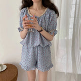 Print Summer Pajamas Set Women Shirts Tops + Shorts Set Two Piece Ruffles Sweet Home Suit Home Clothes