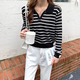 Long Sleeve striped polo collar Sweater Female Elegant Spring Autumn Casual Tops Korean Style thin Knitted Chic