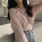 Solid Color V-Neck Oversized Knitted Tee-Outfit