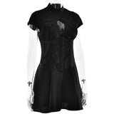 Short Sleeve Satin Hollow Out Mini Dress-Outfit