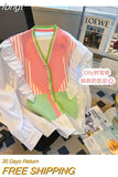 New Fashion Rainbow Striped Stitching Knitted Sweater Korean Style V-Neck Ruffled Long Sleeved Casual Outer Women