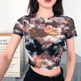 Fongt Women's Mesh Hollow Out Butterfly Print Long Sleeve Crop Short T-Shirt Bottom Shirt