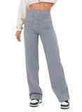 Fongt Fashion New Women's Casual Straight Pants High Waist Button Elastic Belt With Multiple