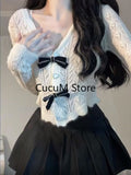 Elegant 2 Piece Set Woman White Knitted Blouse Bow + Casual Slim Y2k Mini Skirt Korean Fashion Suit Outfit 2023 Autumn-Outfit