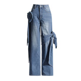 Vintage Old Leisure Trousers 2025 New Niche Splicing Bow Design High-Waist Straight Jeans Female