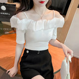 Neck T Shirts Girls Patchwork Stretchy Slim Tshirt Top Women Summer Black White Short Sleeve Tees With Straps-Outfit