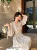 Fongt Xixi 2025 Spring New French Temperament Printed High-Rise Long Sleeves With Thin Coat Dress 88189