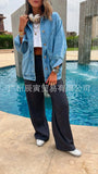 The Ins Ladies Autumn Winter Coat Washed Denim Cotton Loose Retro Water Blue Lapel Double Bag Jacket-Outfit