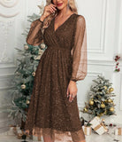 Fongt New V-Collar Elegant Slim Solid Color Stitching Mesh Perspective Sprinkling Powder Dress Female-Outfit