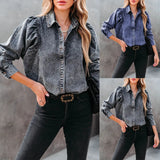 Fongt Women's Autumn And Winter Collar Casual Fashion Street Style Cowboy Shirt 657
