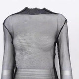 Fongt Women's Wear Spring / Summer 2024 New Top Solid Color Round Collar Long Sleeve Mesh Perspective Bottom T-Shirt-Outfit