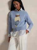 Fongt New Women's Casual Round-Neck Bear Pattern Embroidered Sweater Knitted Shirt